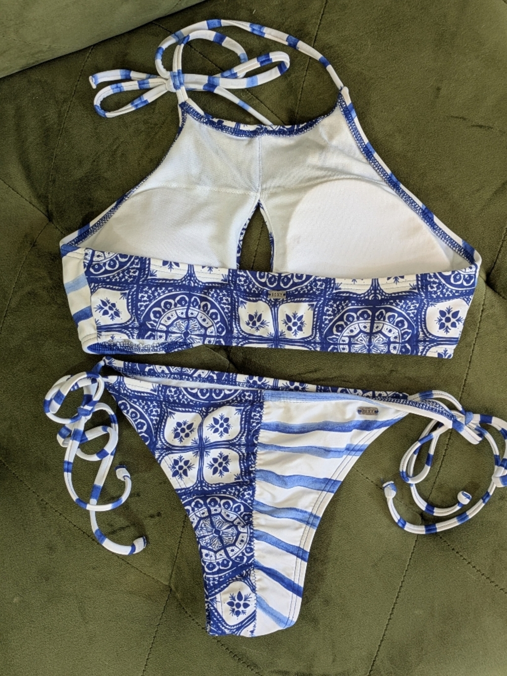 Roxy Bikini Santorini Swimsuit Blue Cheeky Sexy Unique Pattern Size small Vacay - Picture 5 of 8